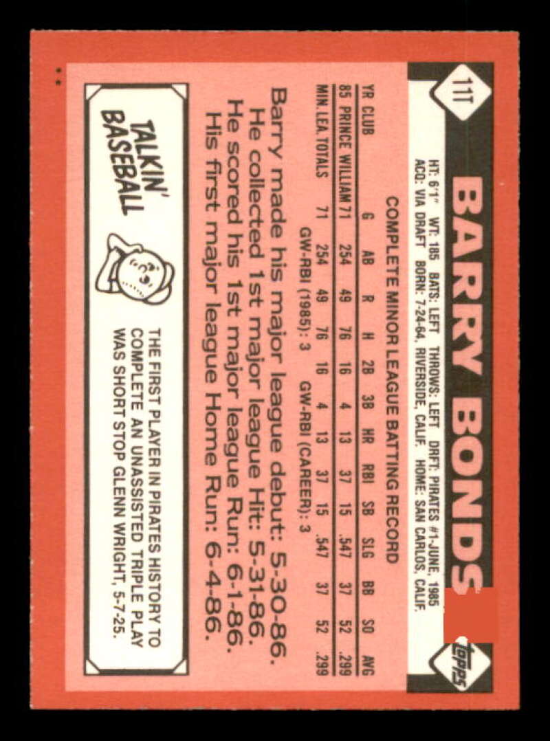 Barry Bonds Rookie Card 1986 Topps Traded #11T Image 2