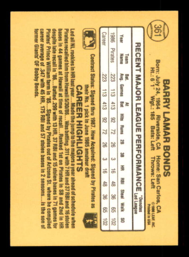 Barry Bonds Rookie Card 1987 Donruss #361 Image 2