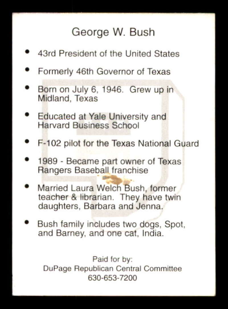 George Bush Card 2001 Dupage Republicans #US186 Image 2