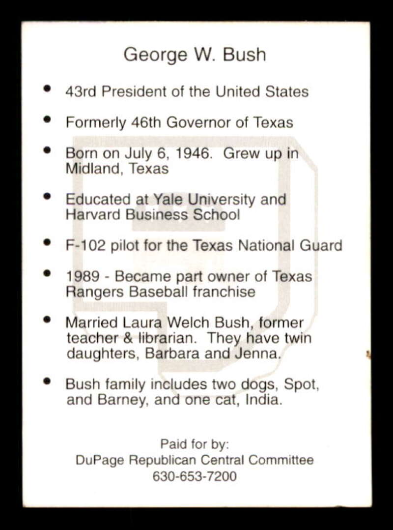 George Bush Card 2001 Dupage Republicans #US186 Image 2
