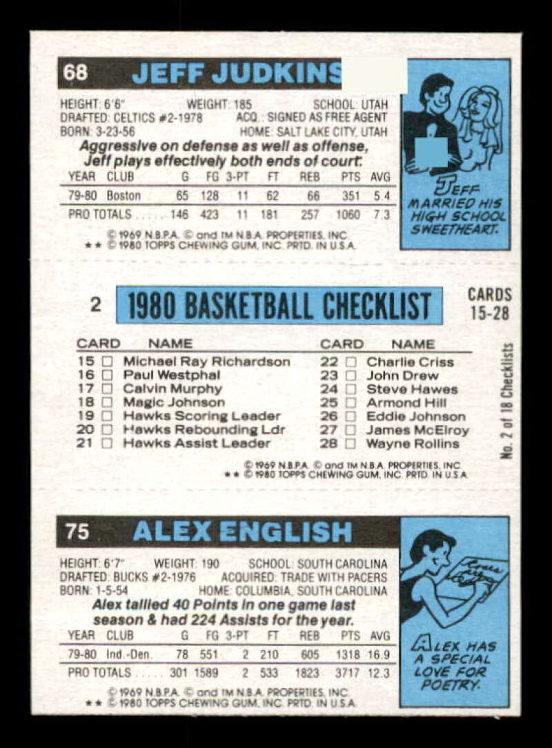 75 Alex English 2 Marques Johnson AS Jeff Judkins Card 1980-81 Topps #19 /68 Image 2