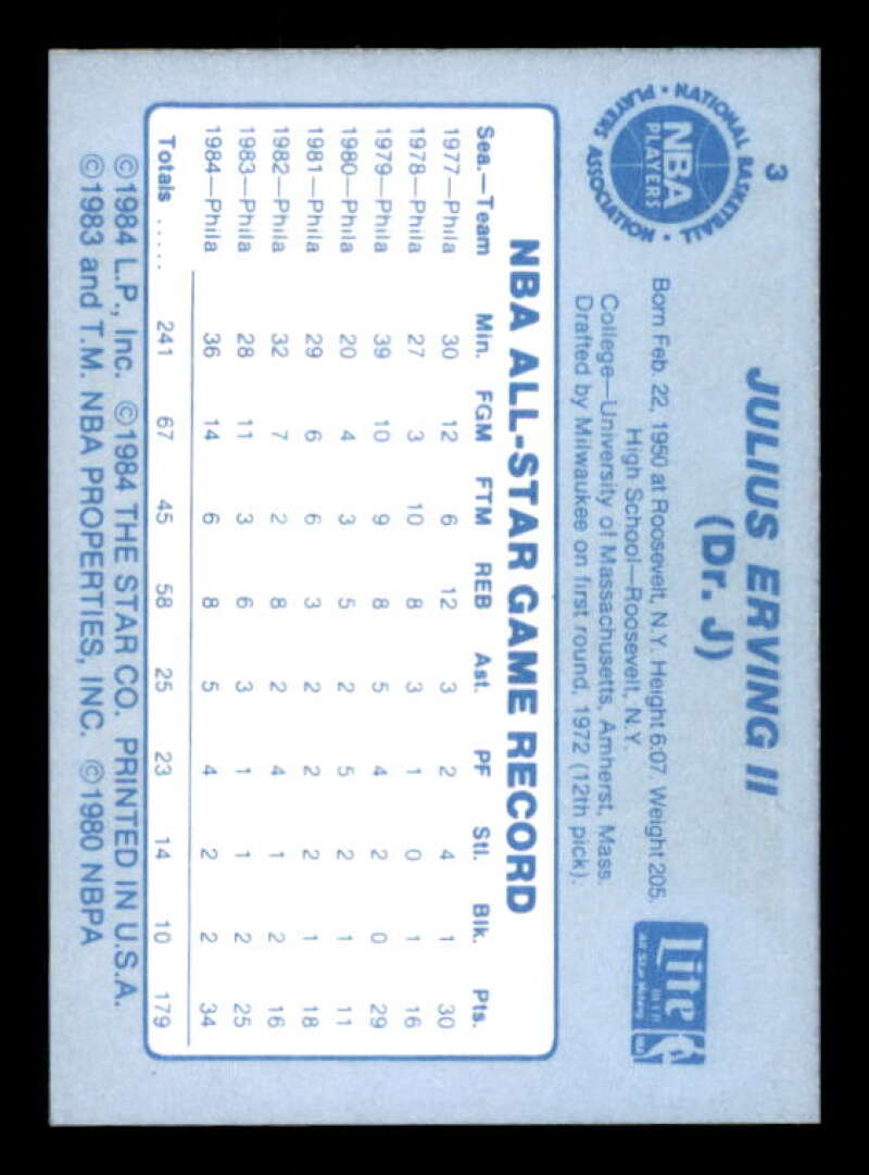Julius Erving Card 1985 Star Lite All-Stars #3 Image 2