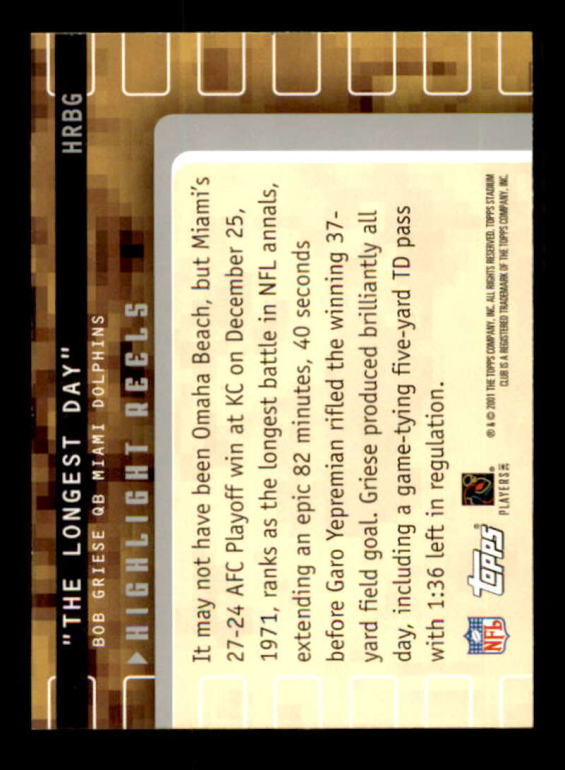 Bob Griese Card 2001 Stadium Club Highlight Reels #HRBG Image 2