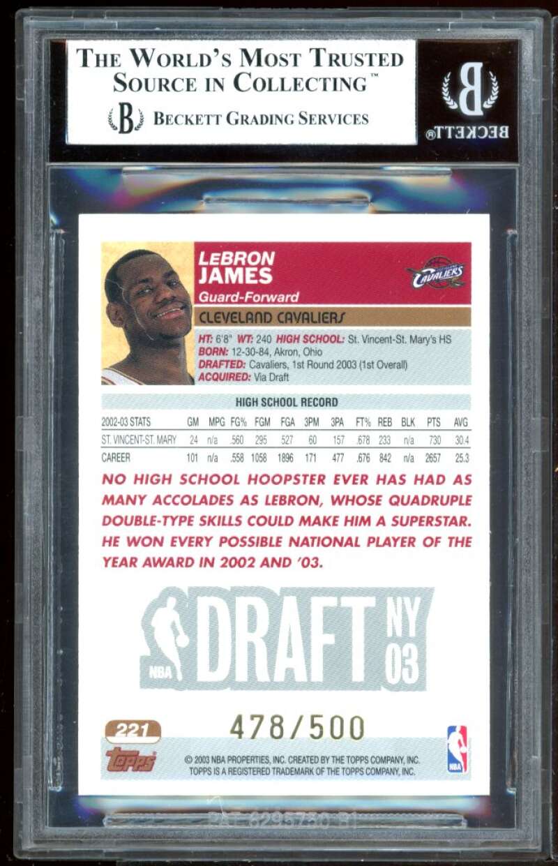 Lebron James Rookie Card 2003-04 Topps Black #221 BGS 8 (8 8 8.5 9.5) Image 2