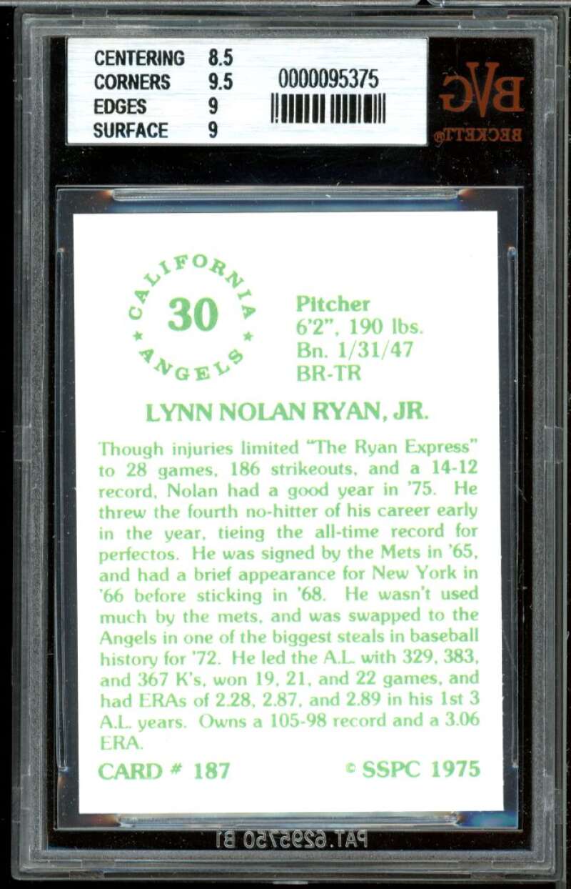 Nolan Ryan Card 1976 SSPC #187 BGS 9 (8.5 9 9 9.5) Image 2