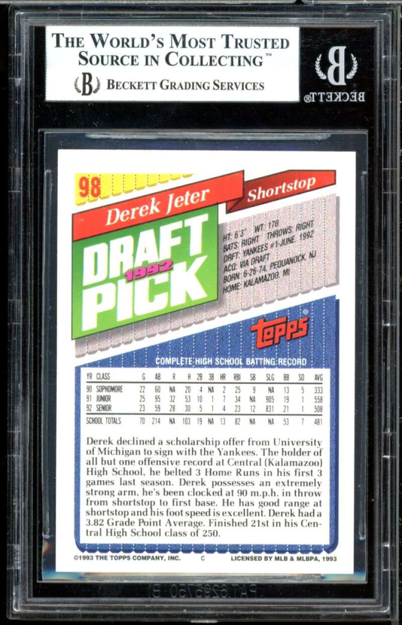 Derek Jeter Rookie Card 1993 Topps #98 BGS 9 Image 2