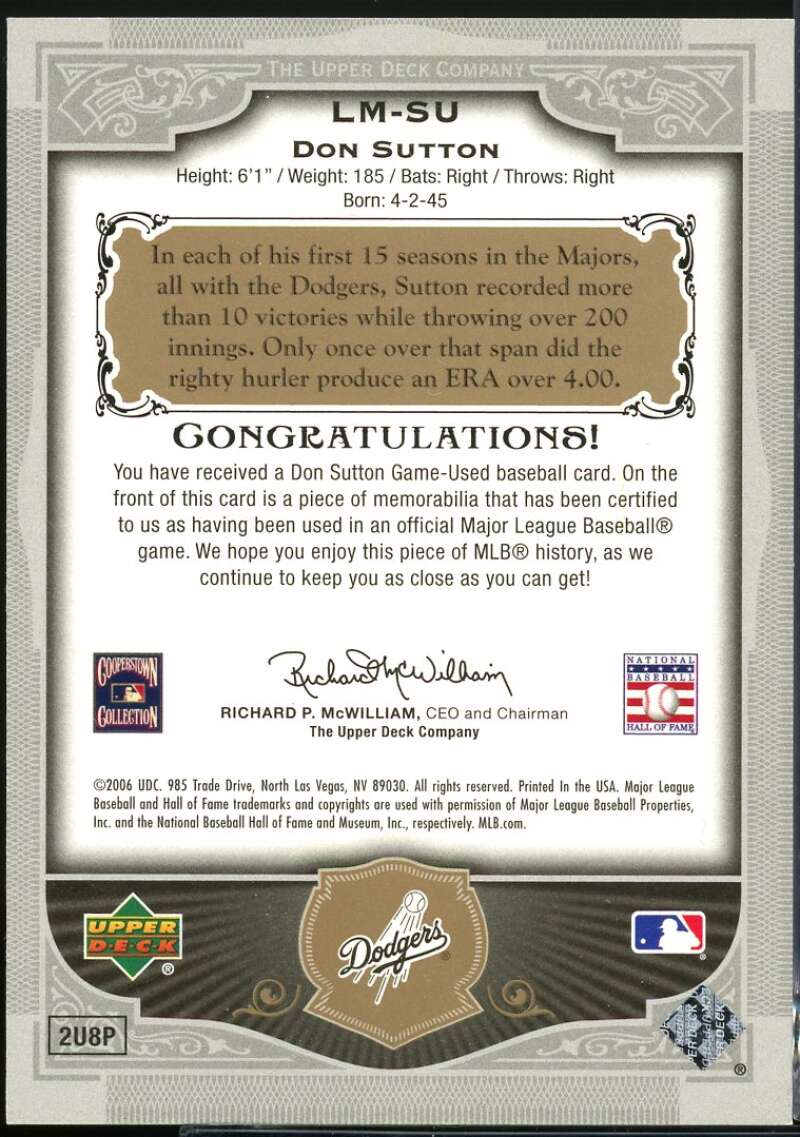 Don Sutton Jsy Card 2006 SP Legendary Cuts Legendary Materials Silver #SU /199 Image 2