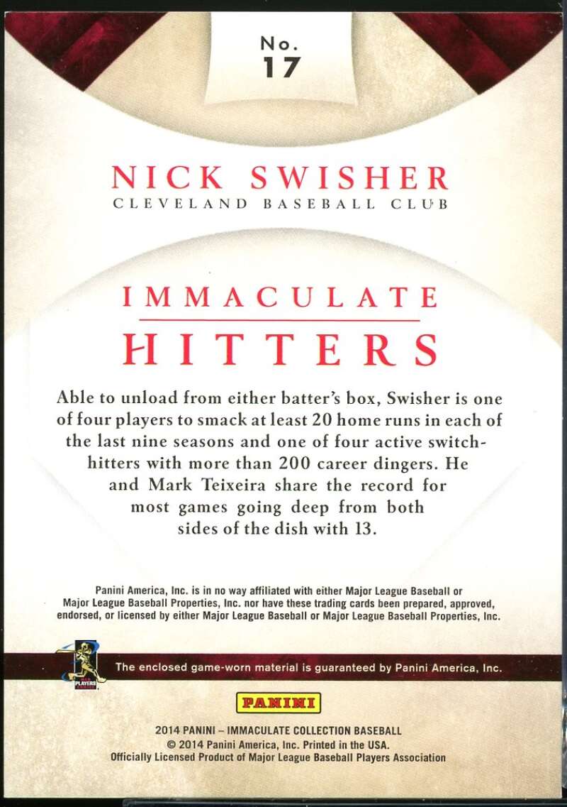 Nick Swisher 2014 Immaculate Collection Immaculate Hitters Memorabilia #17 /79 Image 2