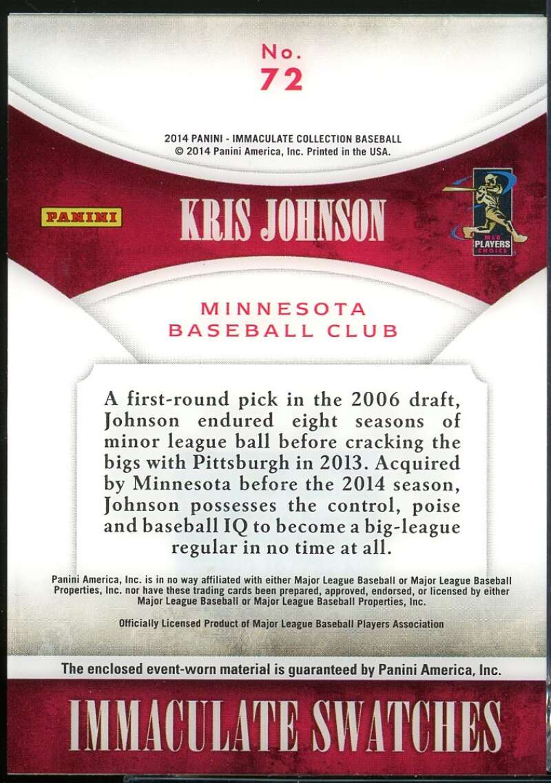 Kris Johnson Card 2014 Immaculate Collection Immaculate Swatches Prime #72 /99 Image 2