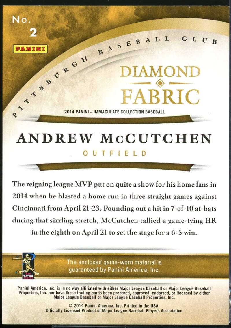 Andrew McCutchen Card 2014 Immaculate Collection Diamond Fabric #2 /99 Image 2