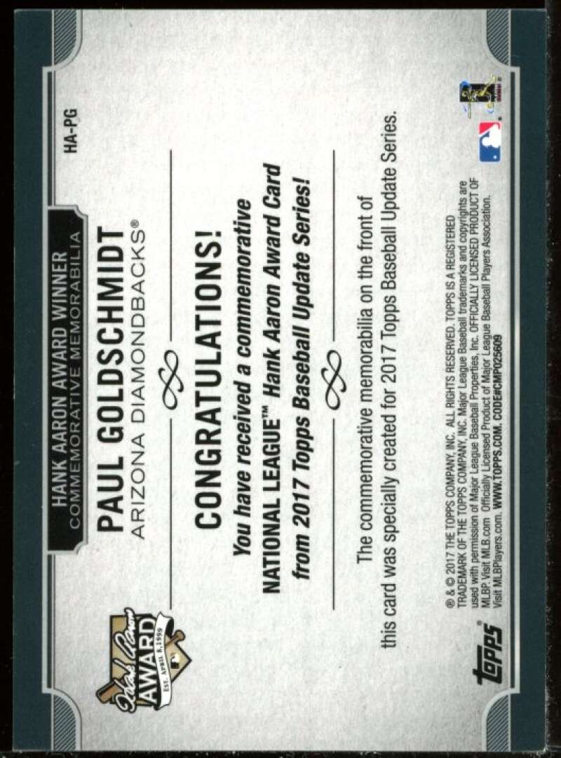 Paul Goldschmidt Card 2017 Topps Update Hank Aaron Award Relics #HAPG Image 2