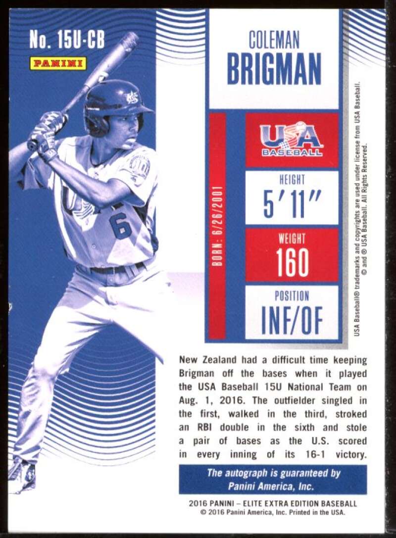 Coleman Brigman Card 2016 Elite Extra Edition USA Baseball Ticket Autographs #26 Image 2