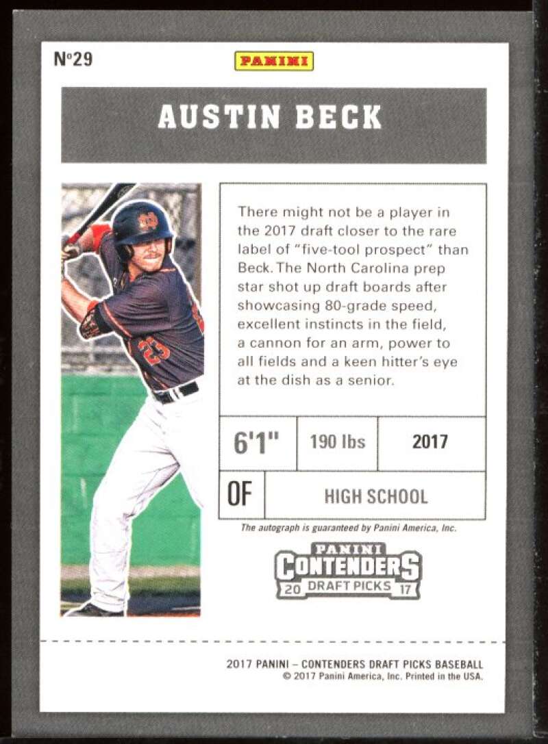 Austin Beck AU/Batting Card 2017 Panini Contenders Draft Picks #29A Image 2