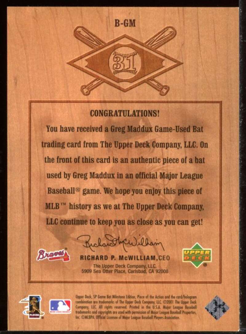 Greg Maddux 2001 SP Game Bat Milestone Piece of Action Bound for the Hall #BGM Image 2