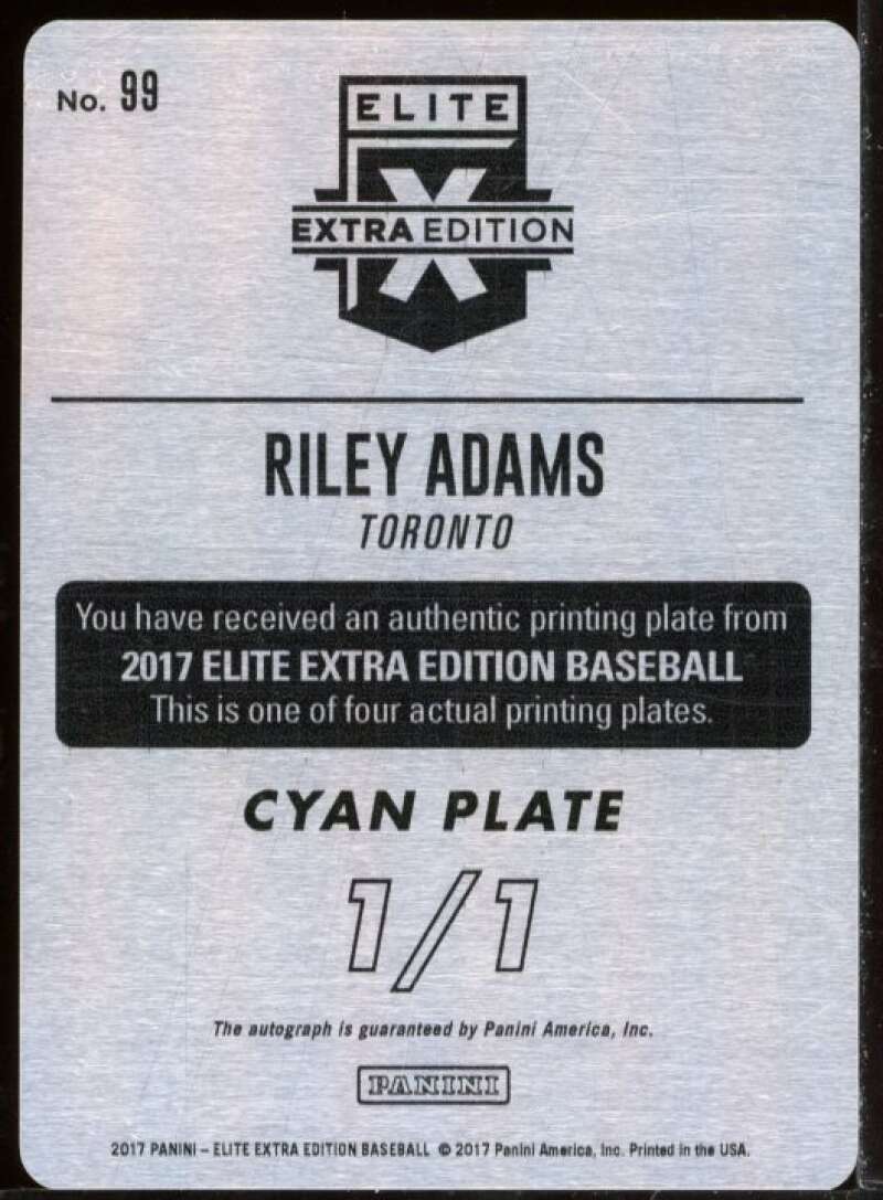 Riley Adams Cyan Printing Plate Card 2017 Elite Extra Edition #99 Image 2