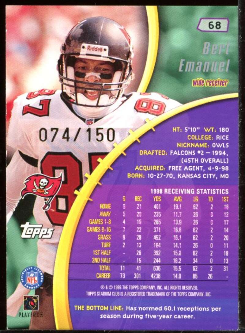 Bert Emanuel Card 1999 Stadium Club One of a Kind #68 Image 2