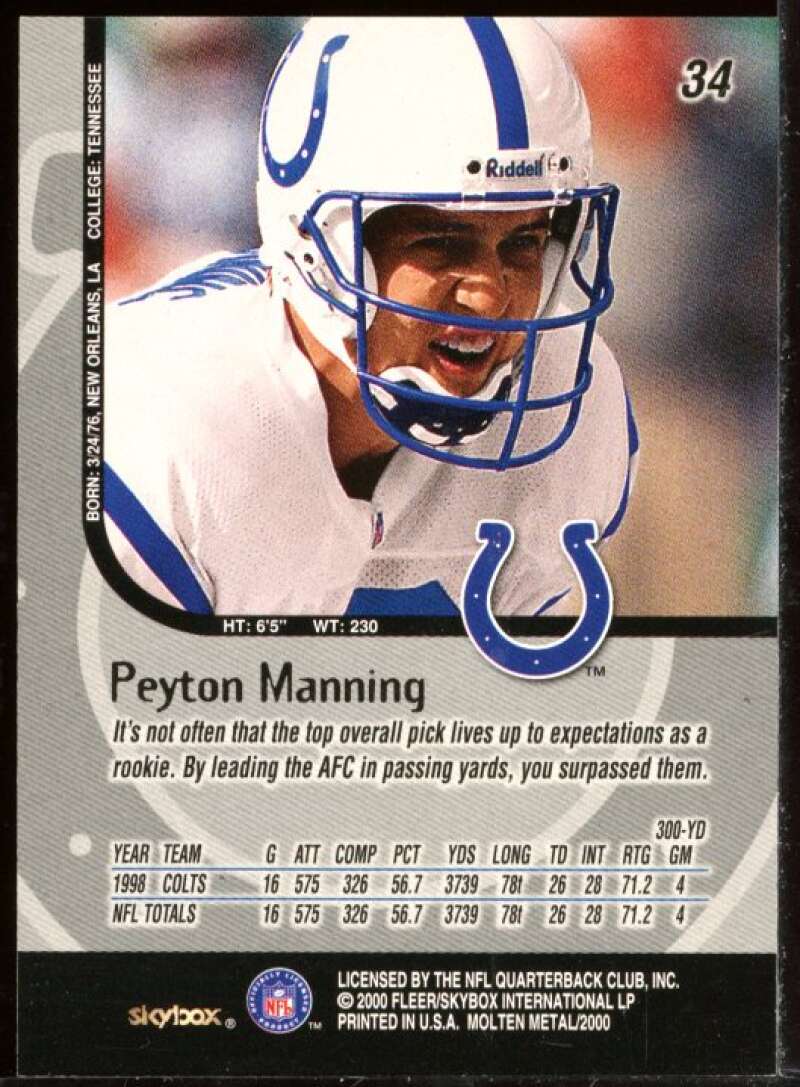 Peyton Manning Card 1999 SkyBox Molten Metal #34 Image 2