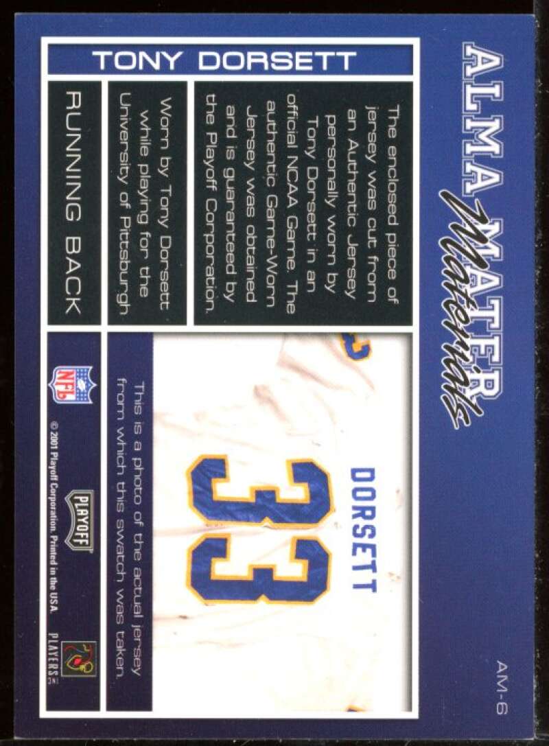 Tony Dorsett Card 2001 Playoff Honors Alma Mater Materials #AM6 Image 2