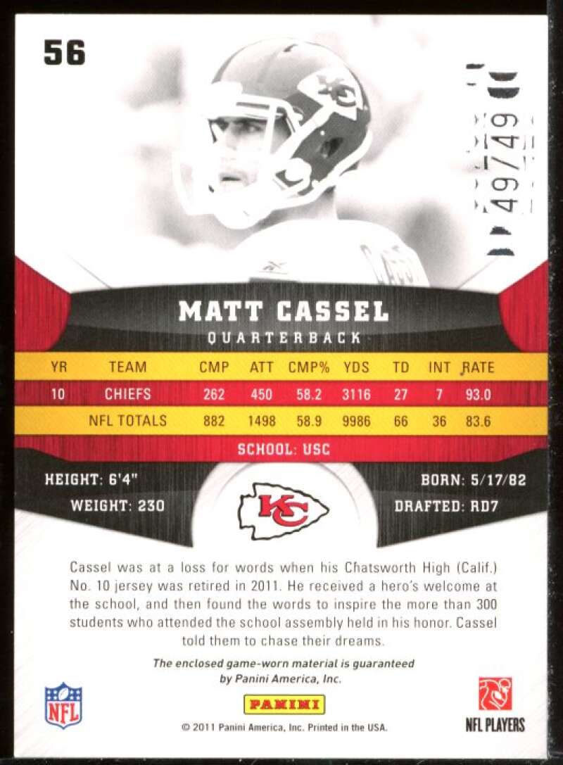 Matt Cassel Card 2011 Panini Gridiron Gear Jerseys O's #56 /49 Image 2