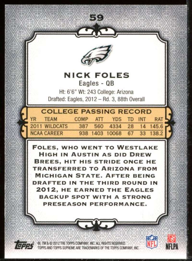 Nick Foles Card 2012 Topps Supreme Blue #59 Image 2