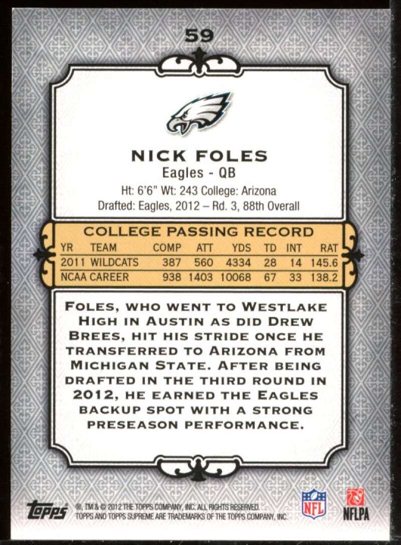 Nick Foles Card 2012 Topps Supreme #59 Image 2