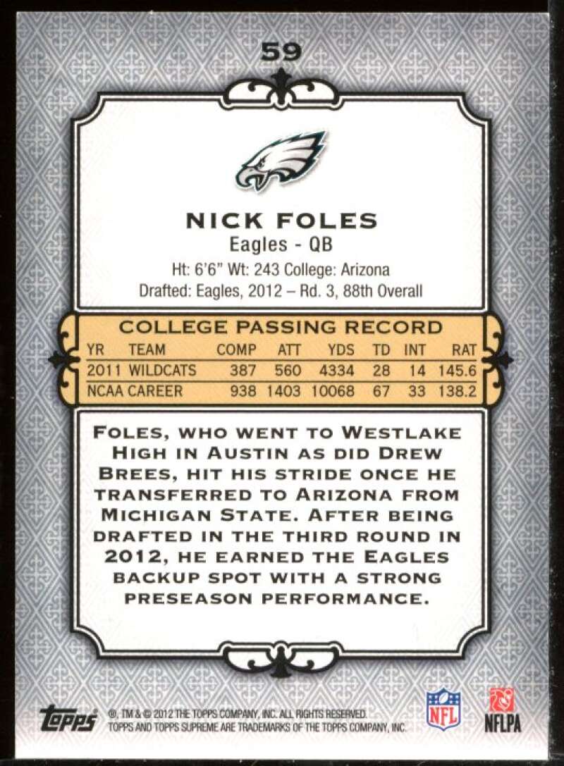 Nick Foles Card 2012 Topps Supreme #59 Image 2