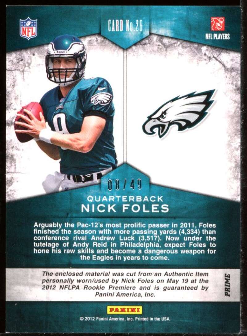 Nick Foles Card 2012 Momentum Rookie Team Threads Dual Materials Prime #26 Image 2