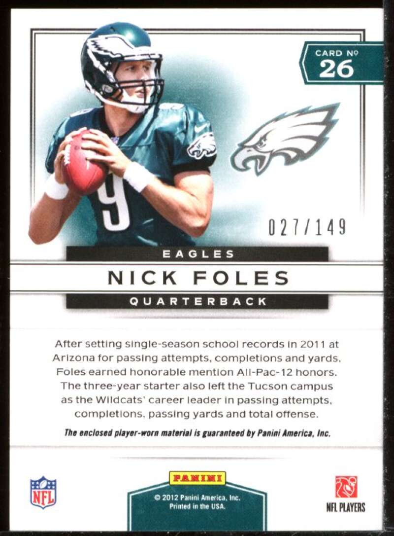 Nick Foles Card 2012 Prestige Prestigious Picks Materials Black #26 Image 2