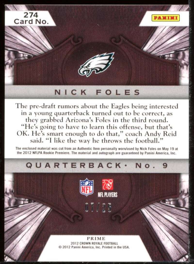 Nick Foles JSY AU Card 2012 Crown Royale Purple #274 Image 2