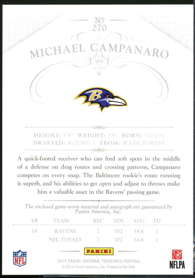 Michael Campanaro JSY AU Card 2014 Panini National Treasures #270 Image 2