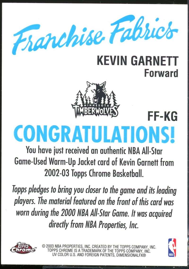Kevin Garnett Card 2002-03 Topps Chrome Franchise Fabric Relics #FFKG Image 2
