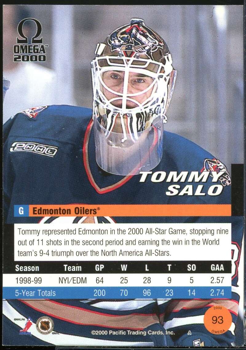 Tommy Salo Card 1999-00 Pacific Omega Premiere Date #93 Image 2