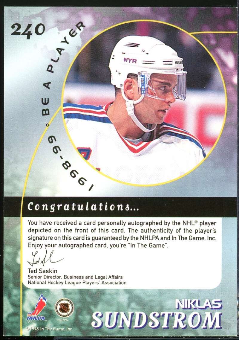 Niklas Sundstrom Card 1998-99 Be A Player Autographs #240 Image 2