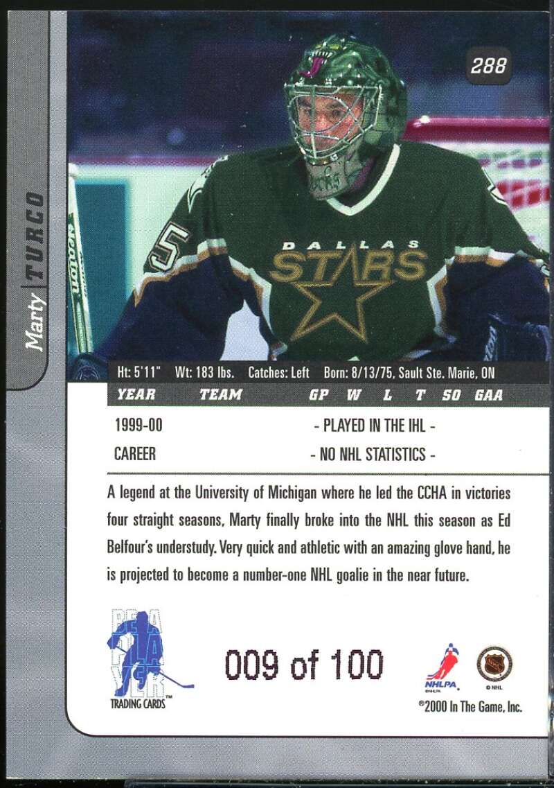 Marty Turco Card 2000-01 BAP Signature Series Sapphire #288 Image 2