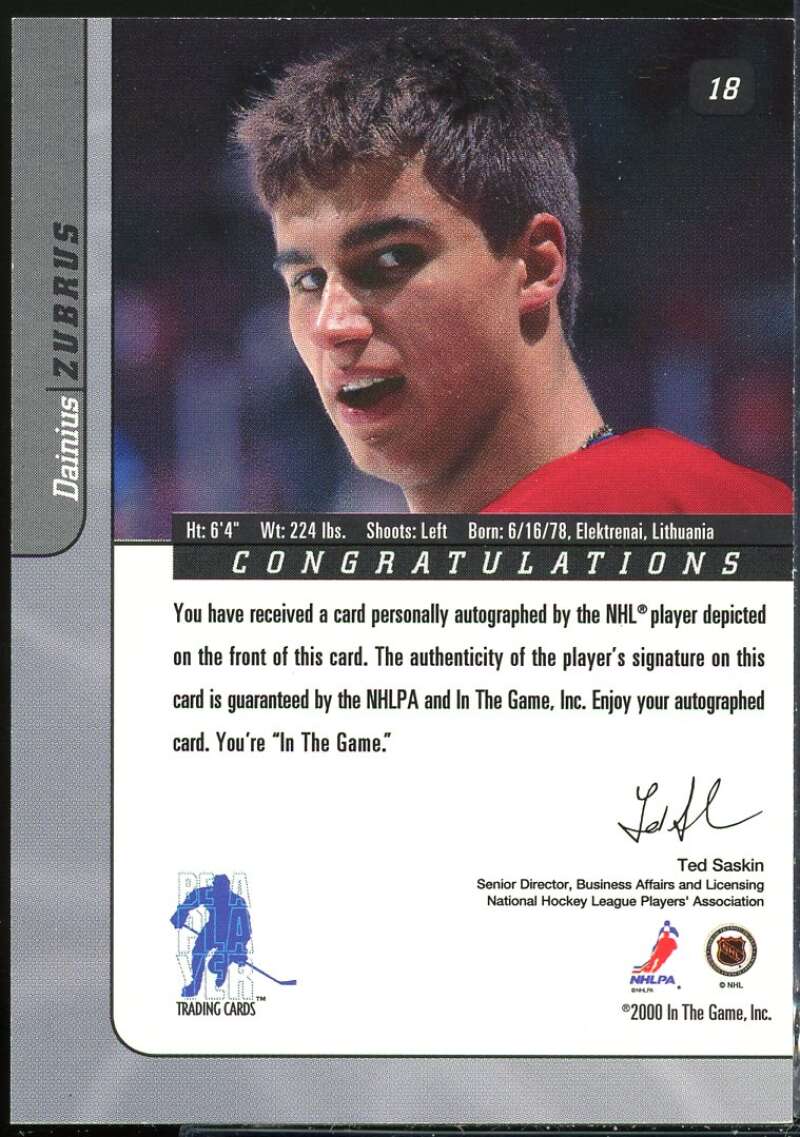 Dainius Zubrus Card 2000-01 BAP Signature Series Autographs Gold #18 Image 2