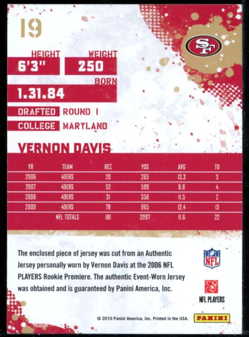 Vernon Davis Card 2010 Score Retail Factory Set Prime Jersey Materials #19 Image 2