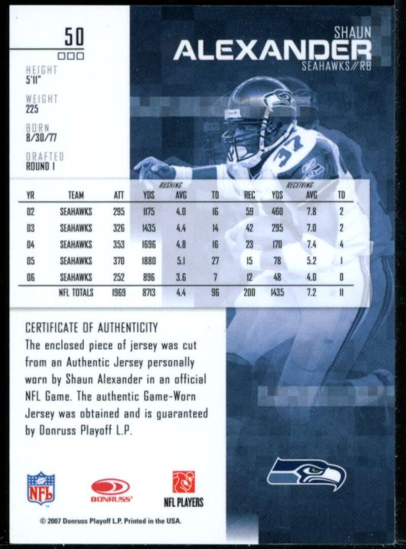 Shaun Alexander Card 2007 Leaf Rookies and Stars Materials Mirror Gold #50 Image 2