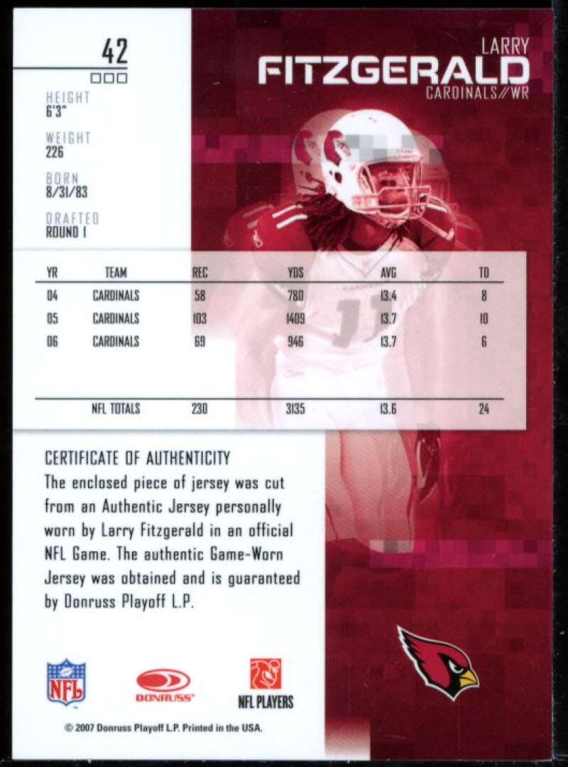 Larry Fitzgerald 2007 Leaf Rookies and Stars Jersey Materials Prime Black #42 Image 2