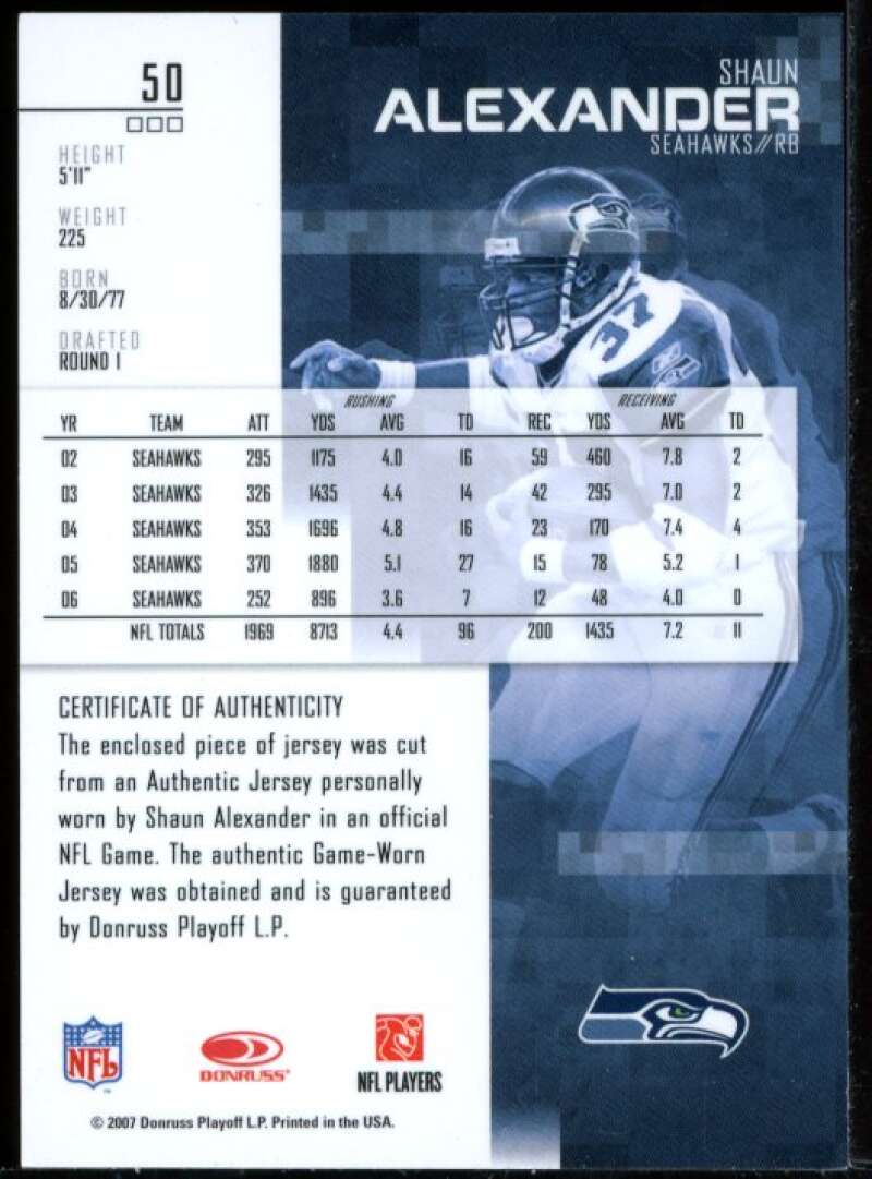 Shaun Alexander Card 2007 Leaf Rookies and Stars Longevity Materials Ruby #50 Image 2