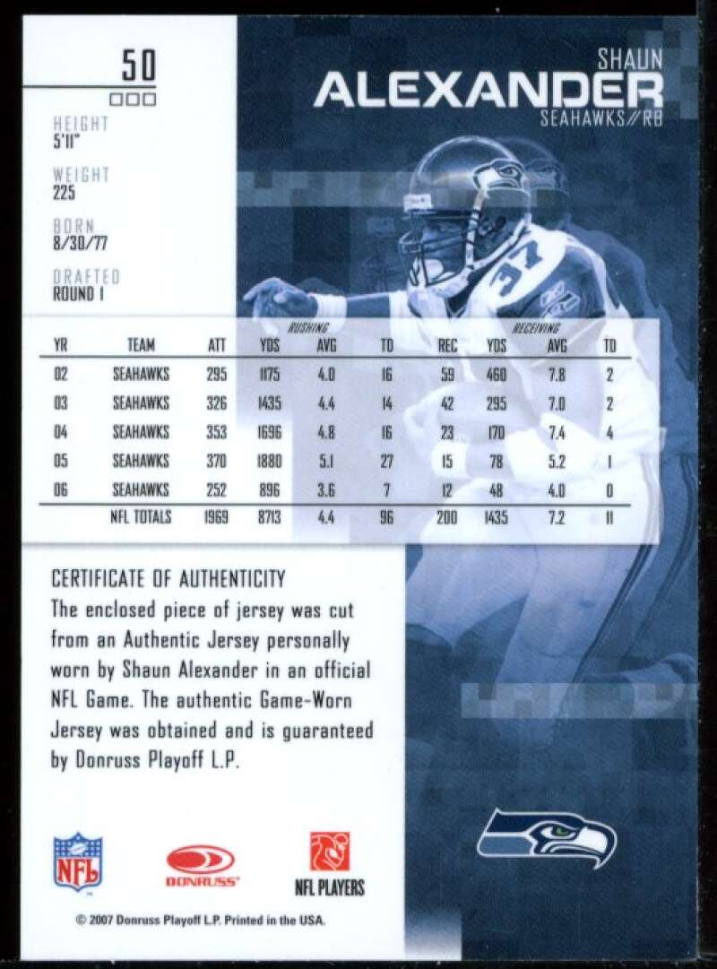 Shaun Alexander Card 2007 Leaf Rookies and Stars Longevity Materials Gold #50 Image 2