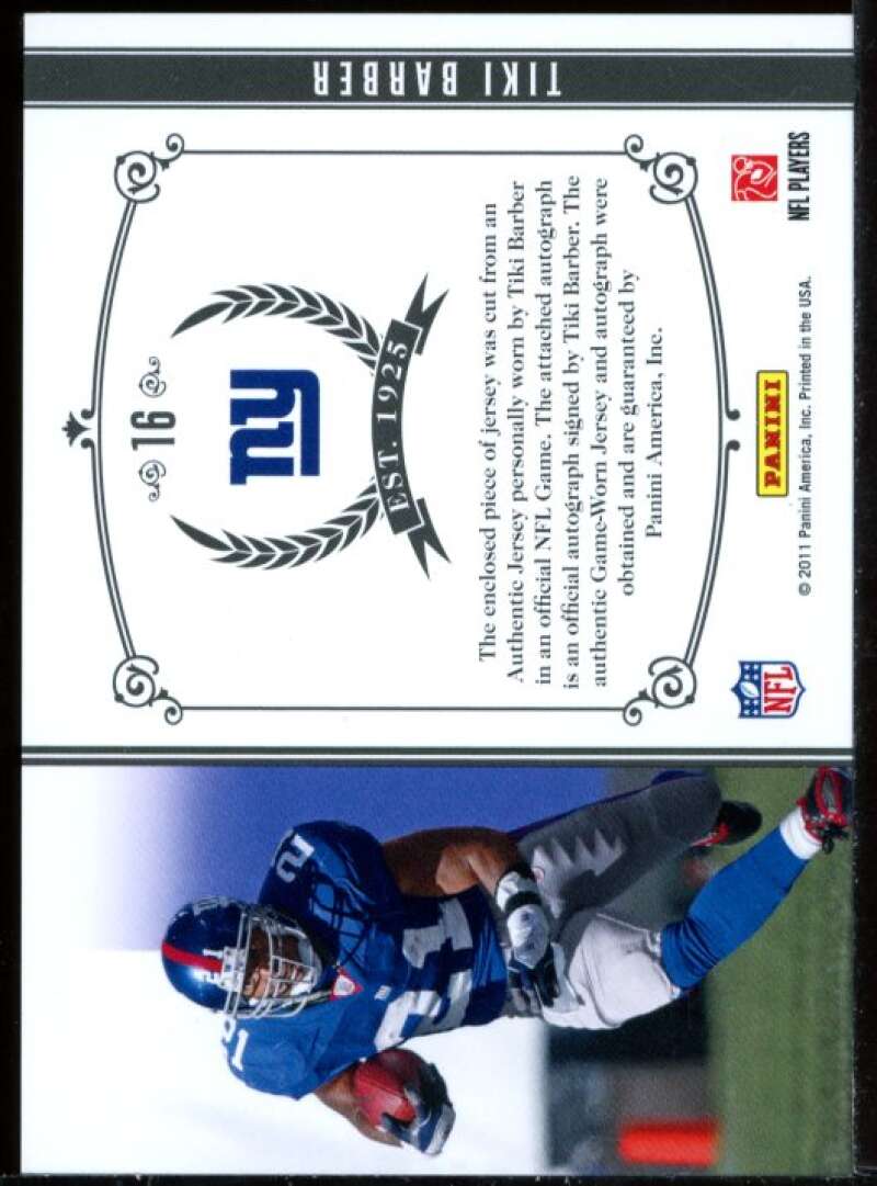 Tiki Barber Card 2010 Playoff National Treasures Timeline Jersey Player Name #16 Image 2