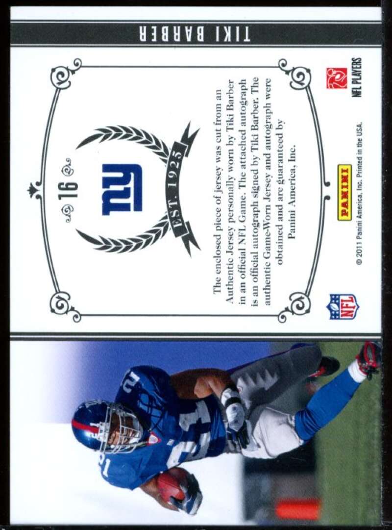 Tiki Barber Card 2010 Playoff National Treasures Timeline Name Jersey #16 Image 2