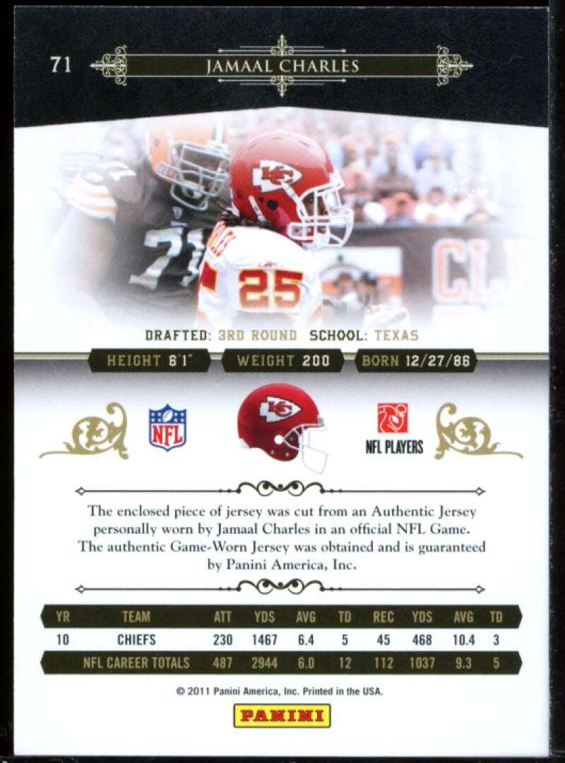 Jamaal Charles 2010 Playoff National Treasures Century Material Prime Jersey #71 Image 2