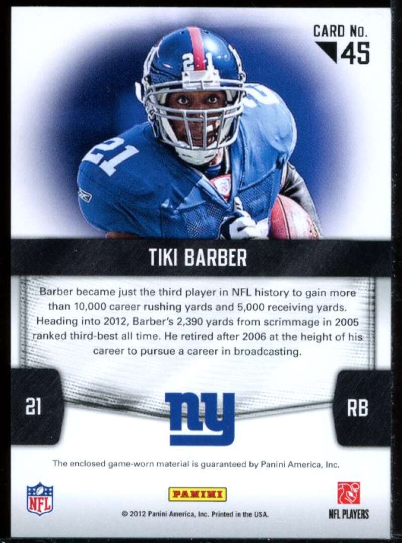 Tiki Barber Card 2012 Certified Fabric of the Game Team Die Cut Jersey #45 Image 2