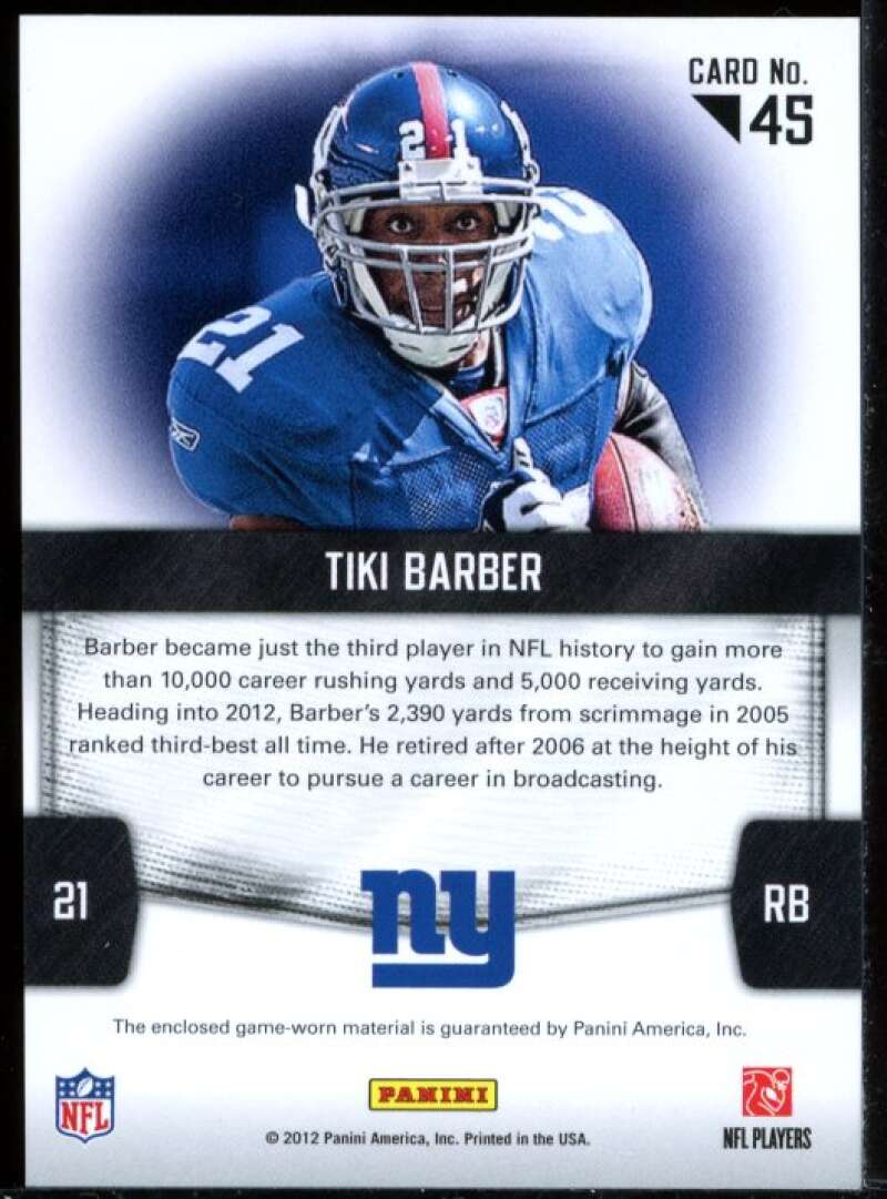 Tiki Barber Card 2012 Certified Fabric of the Game Team Die Cut Jersey #45 Image 2