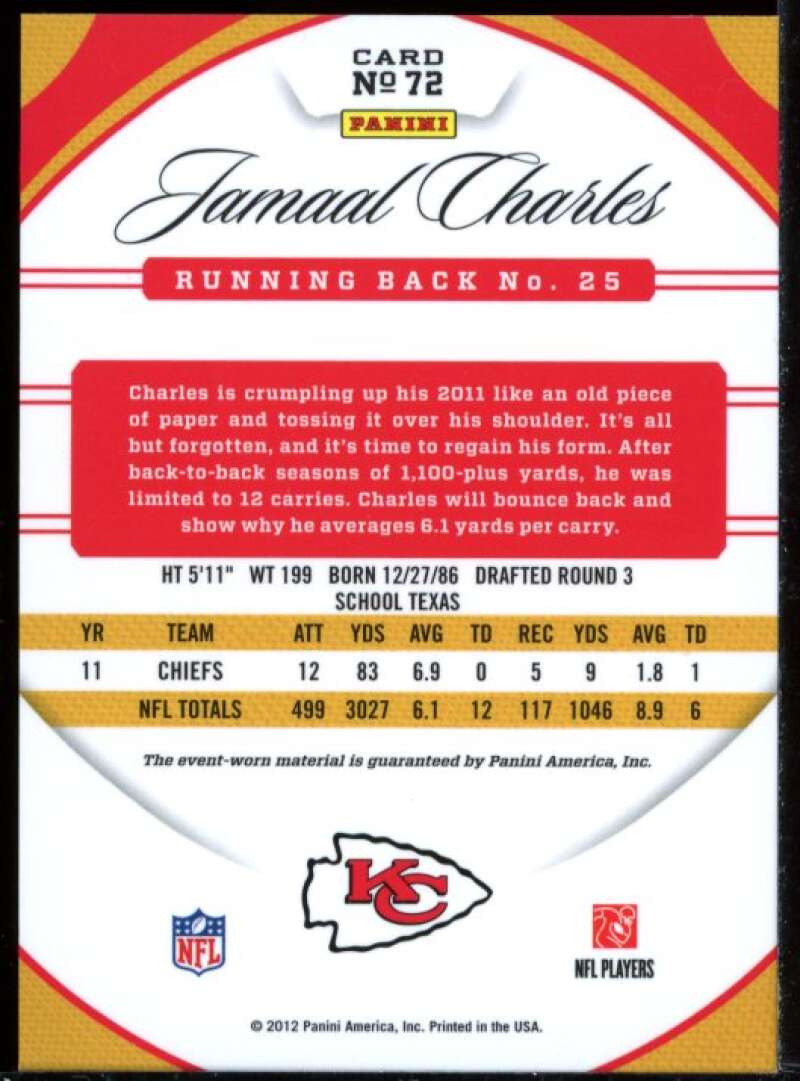 Jamaal Charles Card 2012 Certified Mirror Blue Materials Jersey #72 Image 2