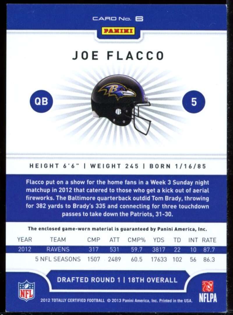 Joe Flacco Ravens Card 2012 Totally Certified Blue Materials Jersey #6 Image 2