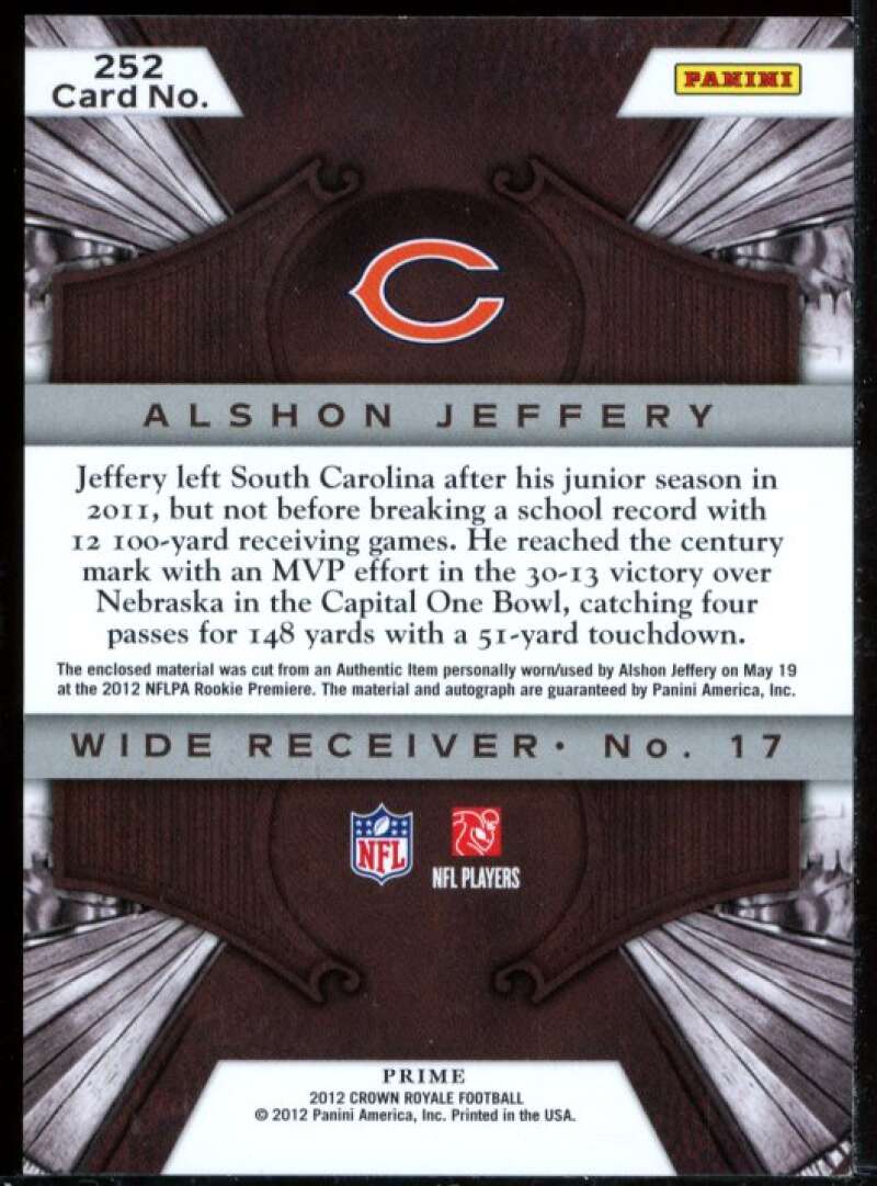 Alshon Jeffery Jersey Rookie Card 2012 Crown Royale #252 Image 2