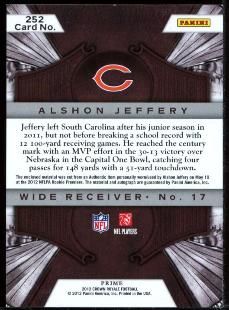 Alshon Jeffery Card 2012 Crown Royale Jumbo Jersey Materials Prime #252 Image 2