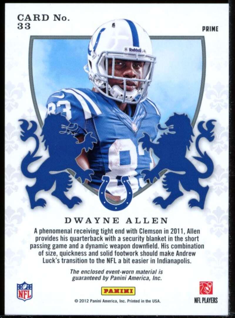 Dwayne Allen Card 2012 Rookies and Stars Rookie Crusade Materials Prime Red #33 Image 2